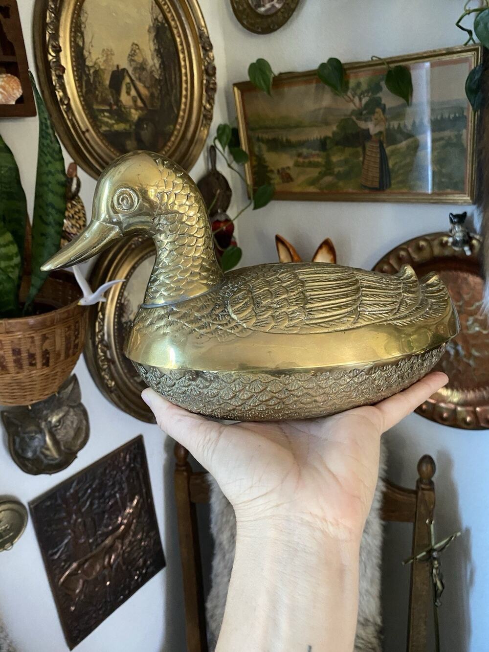 Vintage Solid Brass Mallard Duck Leonard Lidded Brass Duck Dish